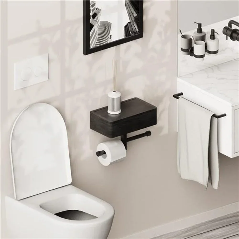 Toilet Paper Holder w/ Shelf and Storage, Wipes Dispenser Wall Mount Matte Black